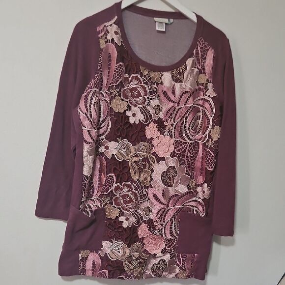 LOGO by Lori Goldstein Purple Graphic Blouse 3/4 Sleeve - Picture 1 of 5